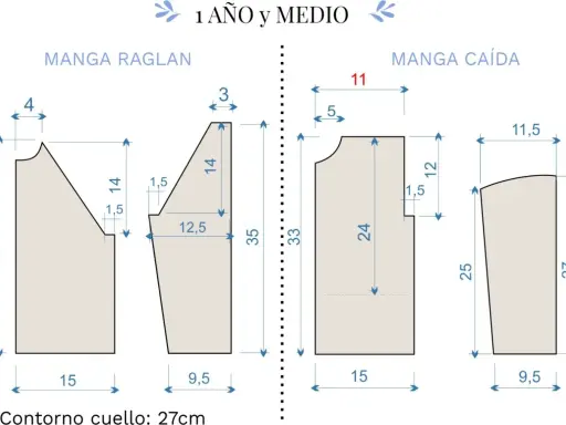 Patrones para tejer jersey niño 4 años: manga raglán y manga caída, con medidas detalladas.
