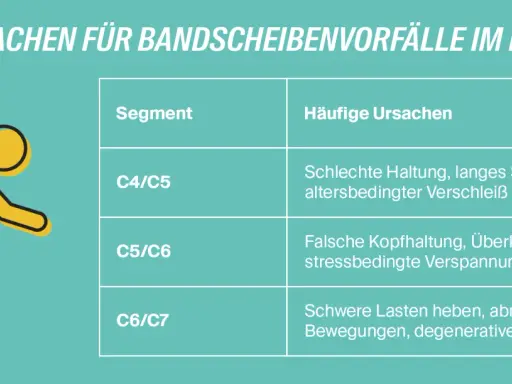Grafik zeigt Ursachen für HWS C6/C7 Symptome: schlechte Haltung, schweres Heben, degenerative Abnutzung.