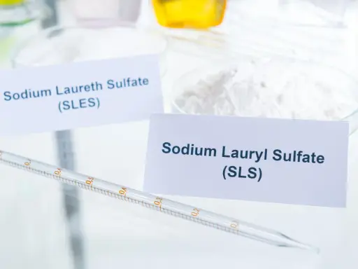 Białe proszki w naczyniach laboratoryjnych, jeden z etykietą "Sodium Laureth Sulfate (SLES)", obok pipeta.