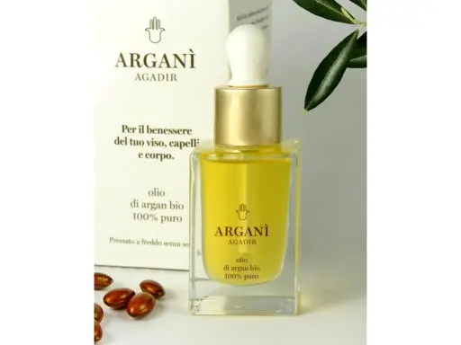 Flacone di olio di argan bio 100% puro, ideale per viso, capelli e corpo. La sua purezza è garantita dalla spremitura a freddo.