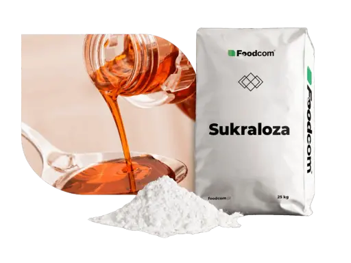 Płynna i proszkowa sukraloza, słodzik. Czy sukraloza jest szkodliwa? Worek z napisem "Sukraloza" i logo Foodcom.