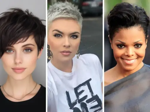 Trois femmes arborent une coupe carré court stylée : une brune aux yeux verts, une blonde platine audacieuse, et une femme souriante à la coiffure volumineuse.