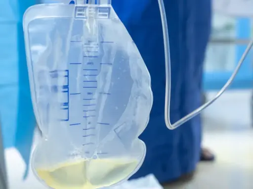 Worek na mocz z widocznym płynem i miarką. Zastanawiasz się, dlaczego mocz leci obok cewnika? Może to być problem z jego umiejscowieniem lub drożnością.