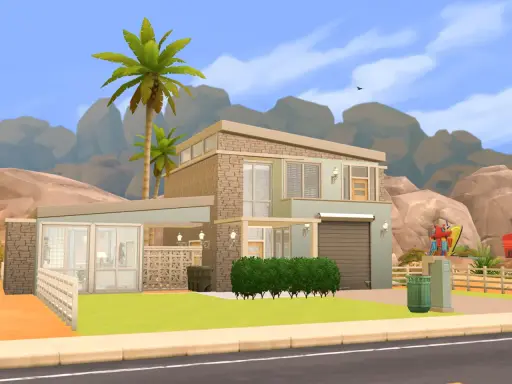 Nowy dom w The Sims 4, z palmami i pustynnym krajobrazem w tle. Idealny, by wykorzystać kod na wszystkie parcele w The Sims 4!