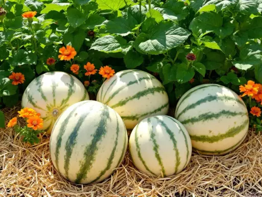 Cinq beaux melons d'eau rayés, prêts à être récoltés, reposent sur de la paille, entourés de fleurs orange vif et de feuillage vert luxuriant. Un plan de melon parfait.