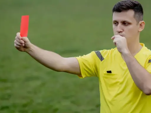 Arbitre siffle et brandit un carton rouge, signalant une faute grave. Il faut bien conjuguer "enfreindre" pour éviter ce genre de situation.