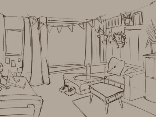 Eine Skizze zeigt ein gemütliches Wohnzimmer, das Kinder gezeichnet haben. Ein Bett, ein Sofa und ein Couchtisch sind zu sehen.