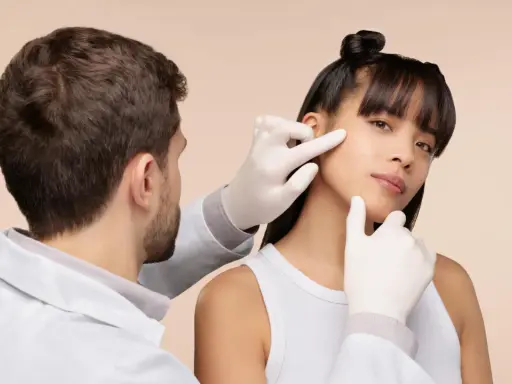 Un médecin examine le visage d'une jeune femme, suggérant une consultation pour une pilule contre l'acné.
