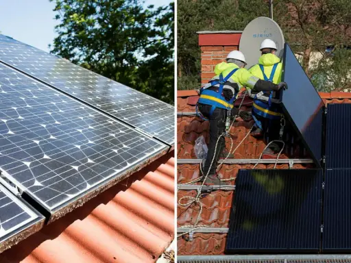 Två bilder visar installation av solceller. Till vänster syns solpaneler på ett tak. Till höger monterar två personer solpaneler, redo att generera solceller kwh.