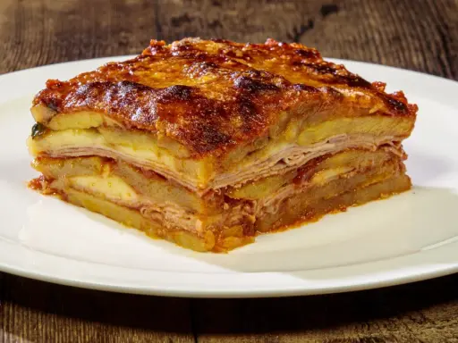 Una fetta di parmigiana di patate, stratificata con formaggio e salumi, servita su un piatto bianco.
