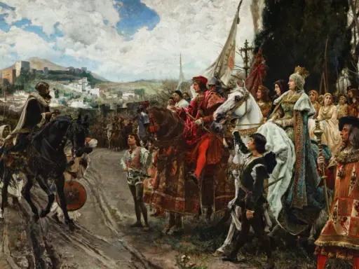 Prachtvolle Szene mit Arabern in Spanien im Mittelalter. Reiter und Fußgänger in farbenprächtiger Kleidung ziehen durch eine Stadt mit Festung.