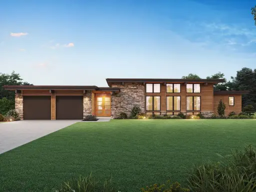 Une élégante maison bois moderne plain pied avec garage double, façade en pierre et grandes fenêtres.
