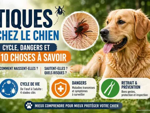Un chien golden retriever se repose, avec une image agrandie d'une tique sur sa peau. L'infographie explique le cycle de vie, les dangers et la prévention des tiques chez le chien.