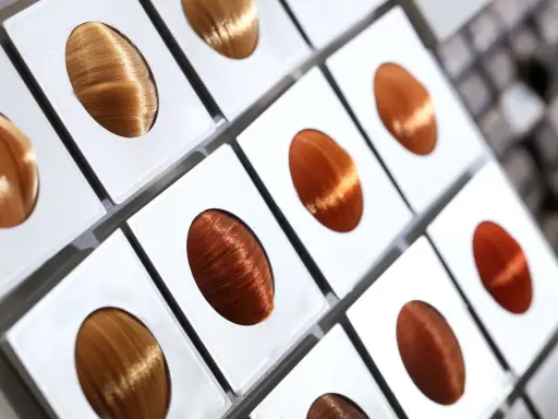 Campioni di capelli con tonalità che vanno dal biondo ramato al castano intenso, pronti per scegliere il colore perfetto.