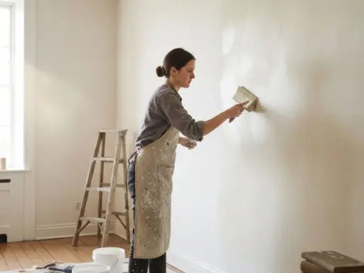Femme appliquant une peinture à la chaux, un travail qui peut révéler des inconvénients comme des traces si mal appliqué.