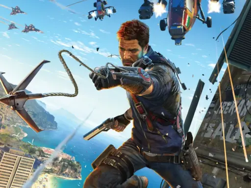 Rico Rodriguez z Just Cause 5 w akcji, z pistoletem i hakiem, na tle tropikalnego miasta i nieba pełnego helikopterów.