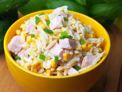 Pyszna sałatka z makaronem orzo, kawałkami szynki, kukurydzą i szczypiorkiem, podana w żółtej misce.