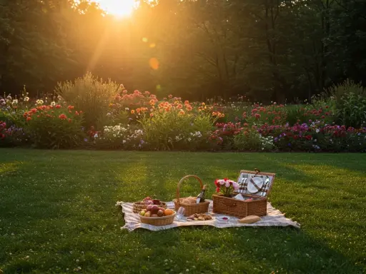 Ein idyllischer Picknickplatz im Abendlicht, umgeben von bunten Blumen. Perfekt für Berlin Geheimtipps abseits des Trubels.