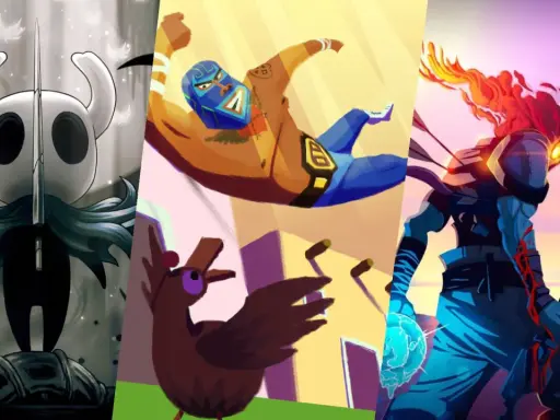Trzy postacie z gier metroidvania: rycerz z Hollow Knight, zapaśnik z Guacamelee! i bohater z Dead Cells.