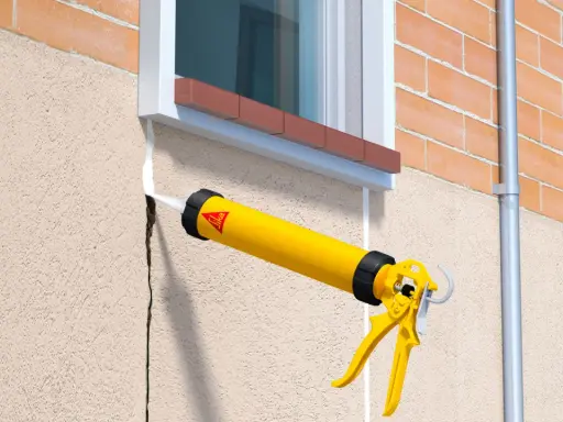 Pistola de calafateo amarilla aplicando sellador blanco para como tapar grietas en la pared exterior de estuco junto a una ventana.