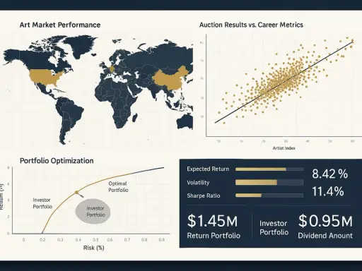 Visualizing art finance: world map of art market performance, auction results vs. artist index, portfolio optimization, and key financial metrics.