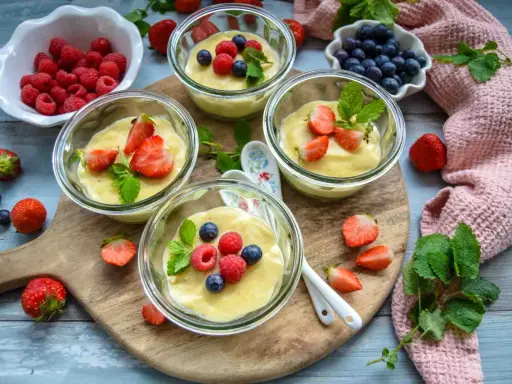 Vier Gläser mit selbstgemachtem Pudding, garniert mit frischen Beeren und Minze. Ein Genuss für Augen und Gaumen!