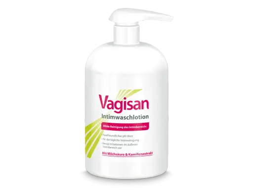 Vagisan Intimwaschlotion mit Milchsäure & Kamillenextrakt. Ein sanftes Putzmittel, ideal für die tägliche Intimhygiene, auch während der Schwangerschaft.