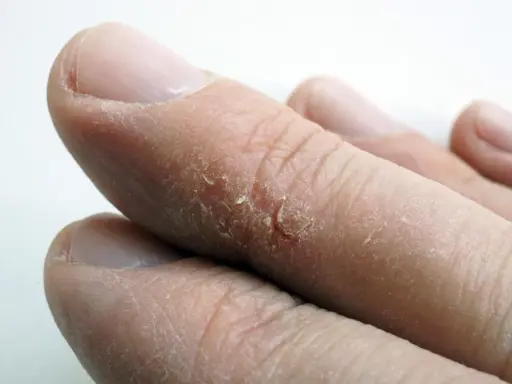 Gros plan sur des doigts montrant une peau sèche et craquelée, avec une crevasse visible sur un doigt.