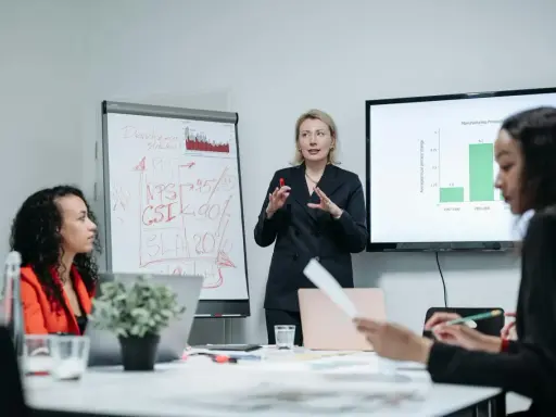 Zespół omawia strategię rozwoju, w tym automatyzację testów oprogramowania. Na tablicy widać KPI, NPS, CSI i SLA.