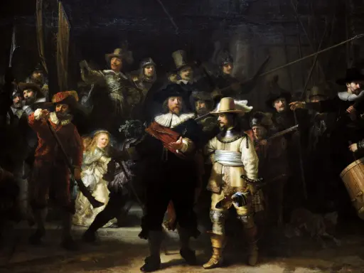 Rembrandt's "The Night Watch" painting depicts a lively militia company preparing to march.