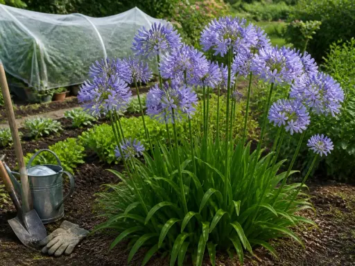 Gros plan sur une agapanthe en fleurs, avec des outils de jardinage à proximité. L'entretien de ces beautés bleues est un plaisir.