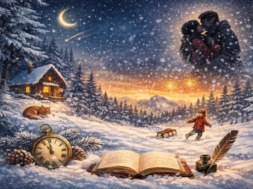 Una poesia d'inverno breve: un bambino tira una slitta, una coppia si bacia sotto la luna, una volpe dorme vicino a una baita.