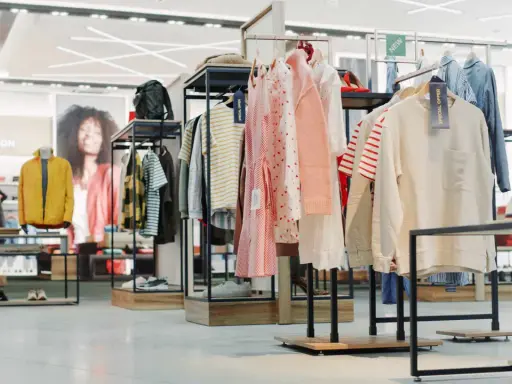 W sklepie odzieżowym widać ubrania na wieszakach i manekinach, buty na półkach. To przykład, co to merchandising – jak atrakcyjnie zaprezentować produkty.