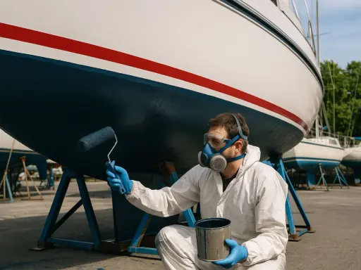 Homme en combinaison et masque appliquant l'antifouling bateau sur remorque avec un rouleau.