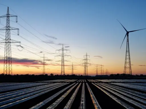 Strommasten und Windrad im Abendrot, ein Symbol für die grüne energie schweden.