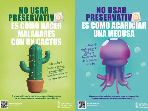Carteles advierten: no usar preservativo es peligroso. Uno muestra un cactus, otro una medusa. La prevención de la clamidia es clave.