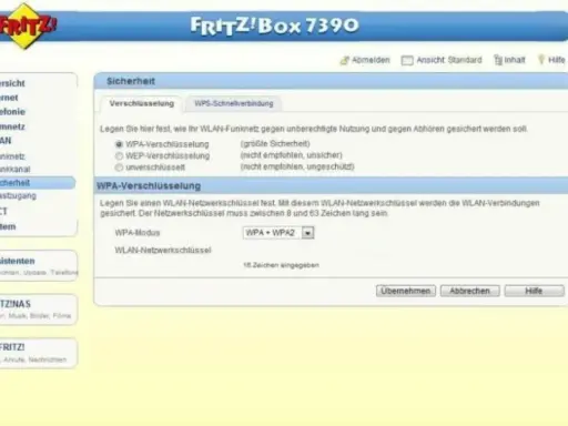 FRITZ!Box 7390: Sicherheitseinstellungen für WLAN. Wähle zwischen WPA2 oder WPA3 für maximale Sicherheit.