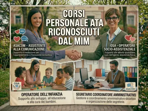 Corsi gratuiti senza diploma per personale ATA, ASACOM e OSA. Formazione riconosciuta dal MIM per lavorare con bambini e anziani.
