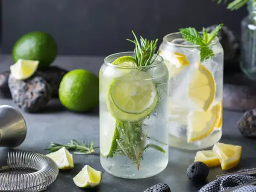 Orzeźwiający drink z ginem, limonką i rozmarynem. Obok leżą świeże limonki, cytryny i akcesoria barmańskie.