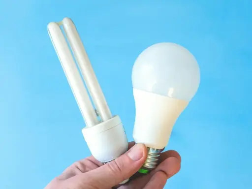 Une ampoule fluocompacte et une ampoule LED sont tenues dans une main, illustrant la puissance LED moderne.