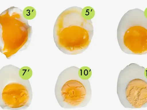 Huevos cocidos en diferentes tiempos (3 a 12 minutos), mostrando la evolución de la yema líquida a firme. La cuisson des oeufs perfecta para cada gusto.