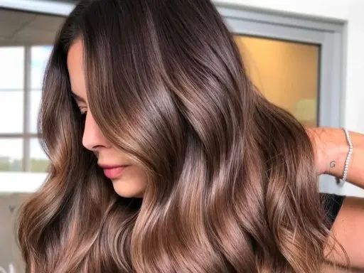 Capelli castani morbidi e luminosi, perfetti per un look estivo. Le onde leggere incorniciano il viso, creando un effetto naturale e chic.