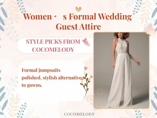 Women's formal wedding guest attire: A white lace-top jumpsuit offers a polished, stylish alternative to gowns, defining what formal attire for a wedding can mean.