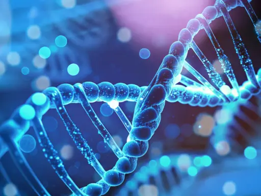 Niebieska podwójna helisa DNA, symbolizująca genetyczne podstawy, rodzi pytanie: czy autyzm jest dziedziczny?