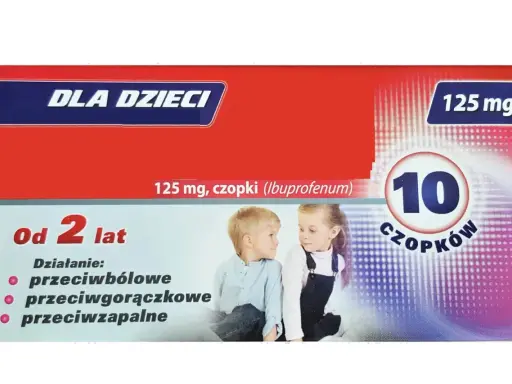 Opakowanie Ibufen Forte dla dzieci, 125 mg, 10 czopków. Dla dzieci od 2 lat, działa przeciwbólowo, przeciwgorączkowo i przeciwzapalnie.