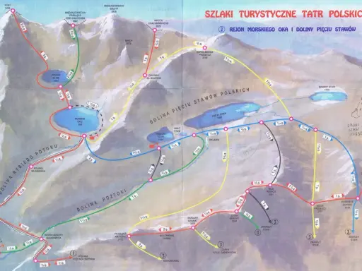 Mapa szlaków Tatr Polskich. Ile się idzie na Dolinę Pięciu Stawów? Od Morskiego Oka ok. 1h 15min, od Doliny Roztoki ok. 1h 45min.
