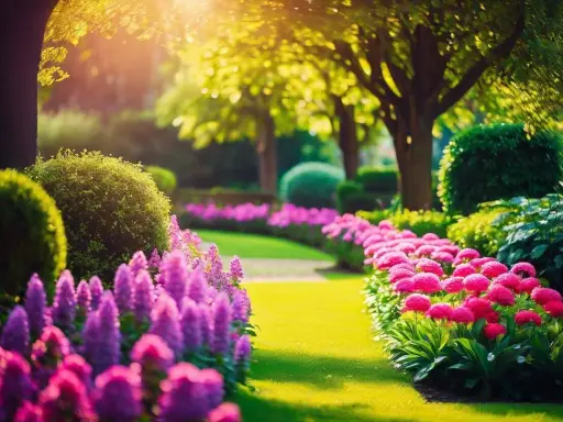 Un chemin de jardin bordé de fleurs roses et violettes, baigné par la lumière dorée du soleil. Une pensée fleurie pour une promenade paisible.