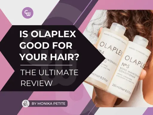 Olaplex Behandlung beim Friseur: Zwei Flaschen Olaplex No.4 und No.5 werden gehalten. Die Frage "Is Olaplex good for your hair?" wird thematisiert.