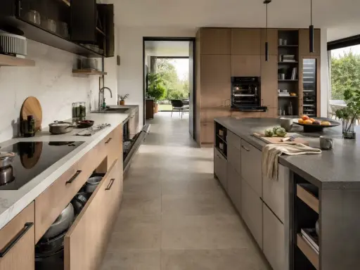 Cuisine moderne avec îlot central, plan de travail en pierre, armoires en bois et un grand espace circulation.