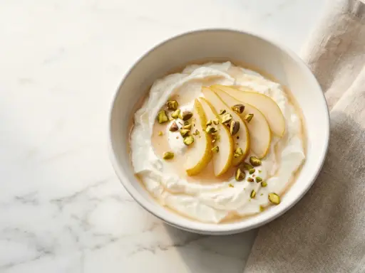 Cremiger Joghurt, der zu lange im Joghurtbereiter war, serviert mit Birnenspalten, Honig und gehackten Pistazien.